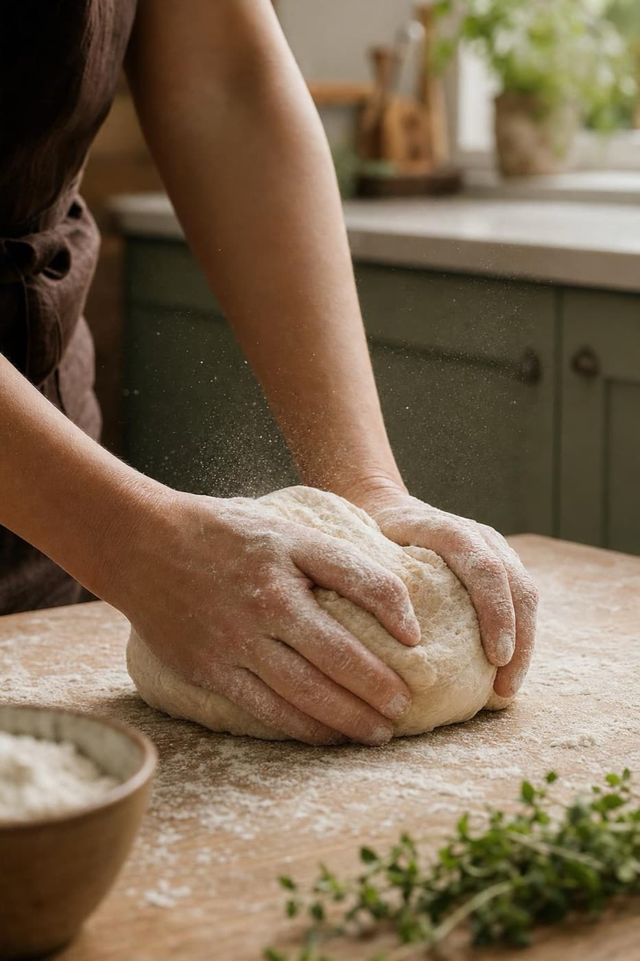 Hands kneading dough dusted with flour on a wooden kitchen table