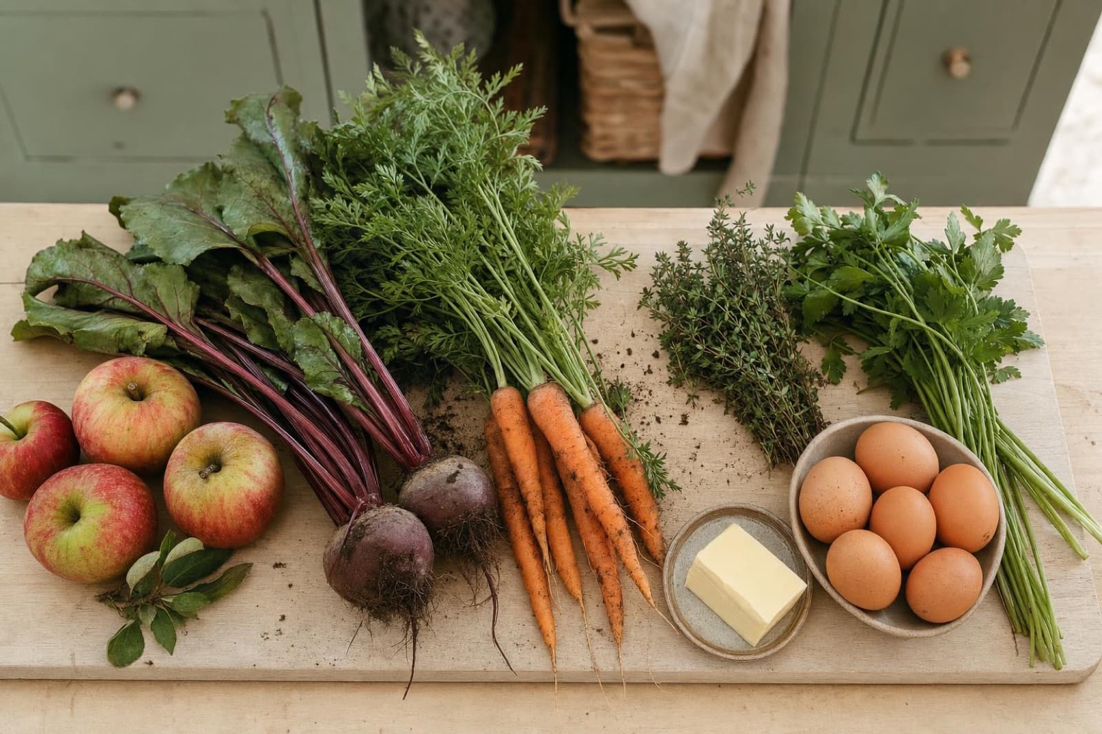 Fresh seasonal produce, herbs and eggs laid out on a wooden board