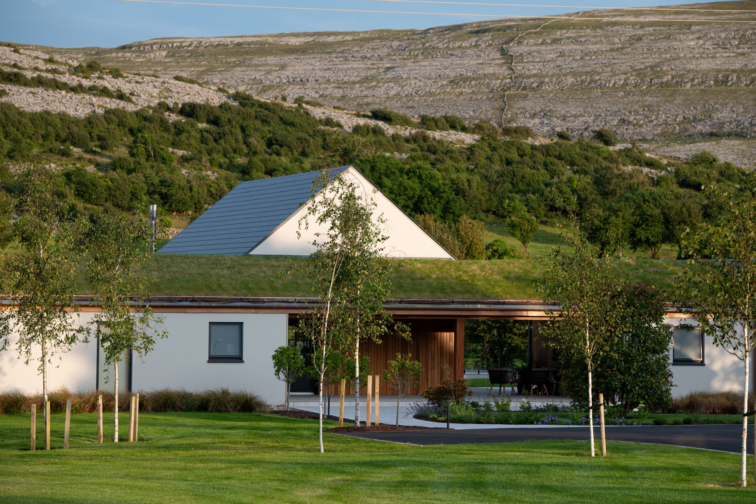 The Chocolate Lodge, a white house with a living grass roof beside Hazel Mountain Chocolate, beneath the limestone hills of the Burren at golden hour