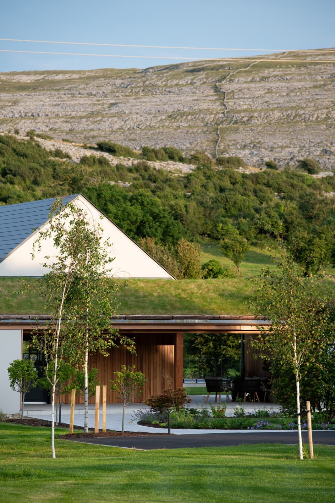 The grass roof of The Chocolate Lodge against the Burren hills